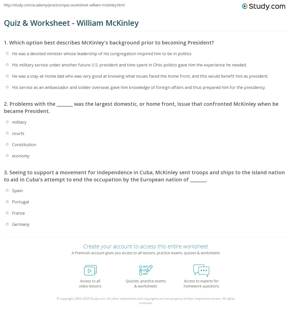 Quiz &amp;amp; Worksheet - William Mckinley | Study throughout The Island President Worksheet Answers