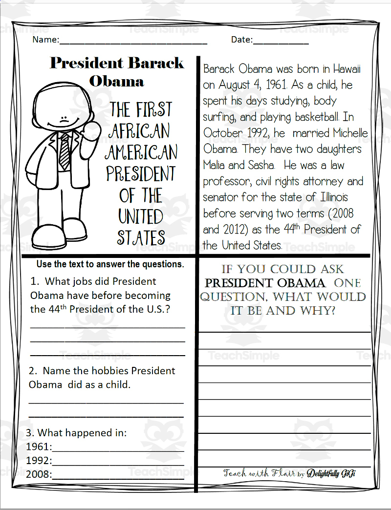Reading Comprehension For Black History Month: President Barack for President Biography Worksheet