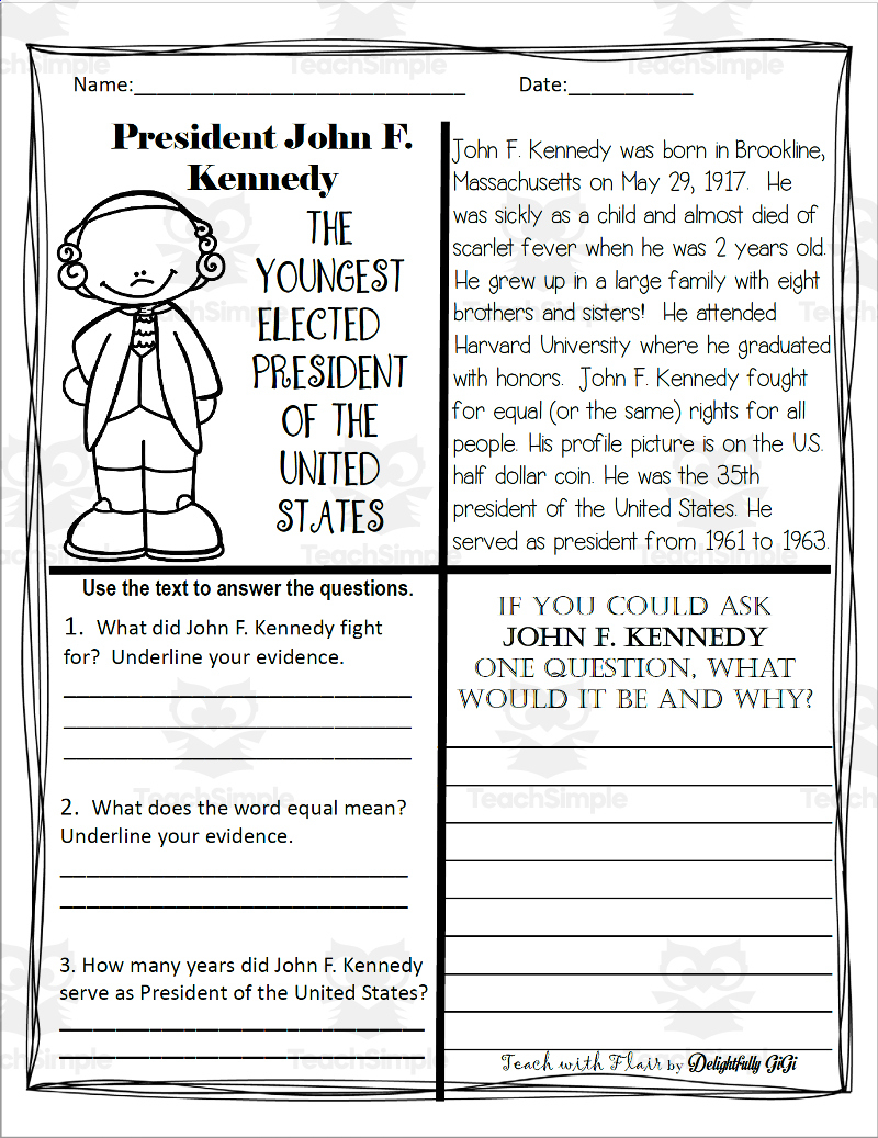 Reading Comprehension For Presidents&amp;#039; Day: President John F. Kennedy throughout Presidents Day Reading Comprehension Worksheets