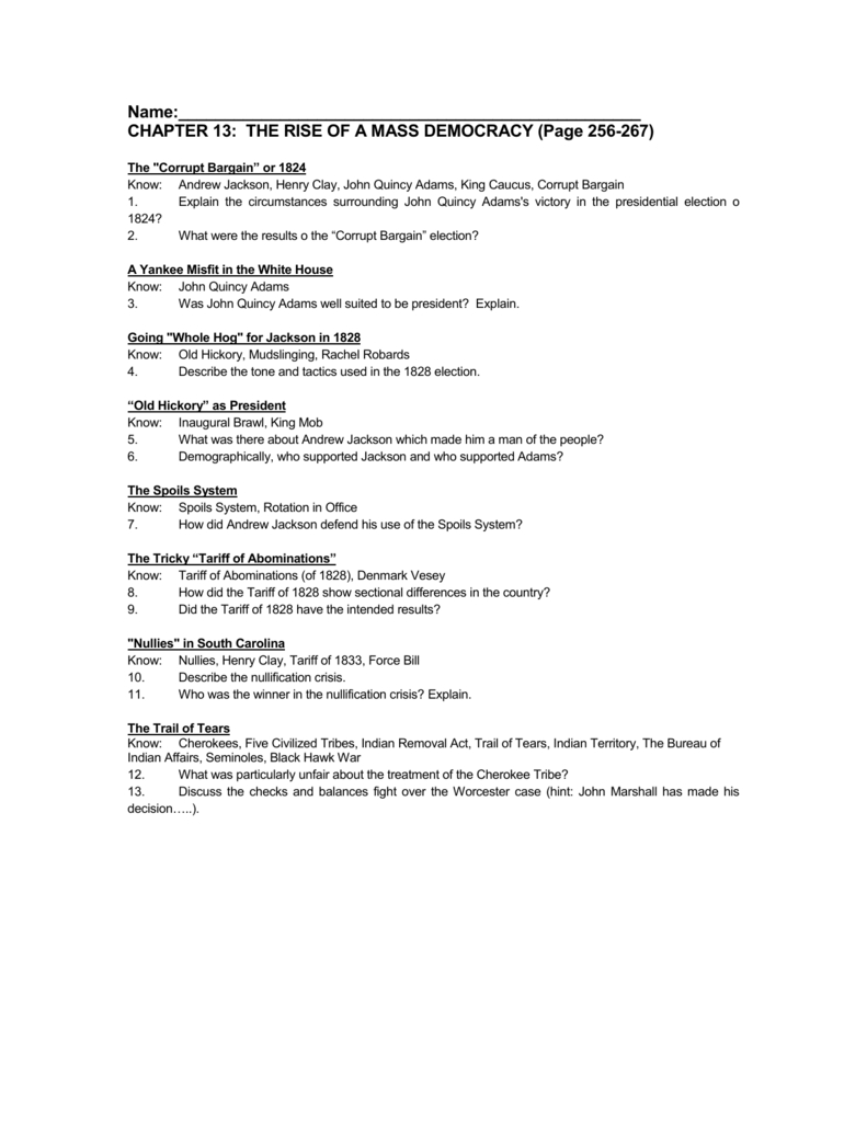 Rise Of Mass Democracy: Jackson Era Study Guide pertaining to Chapter 13 the Presidency Worksheet Answers