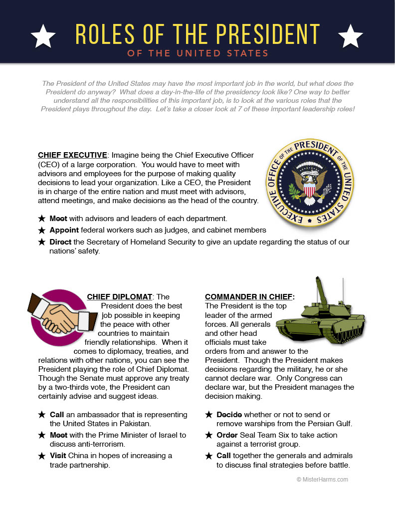 Roles Of The President | A Day In The Life Of The President Of The United  States for A Day In the Life of the President Worksheet