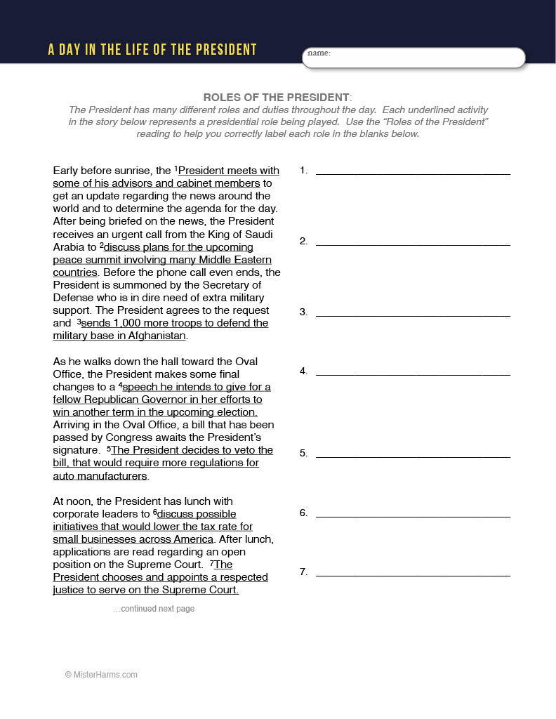 Roles Of The President | A Day In The Life Of The President Of The United  States intended for A Day In The Life Of The President Worksheet