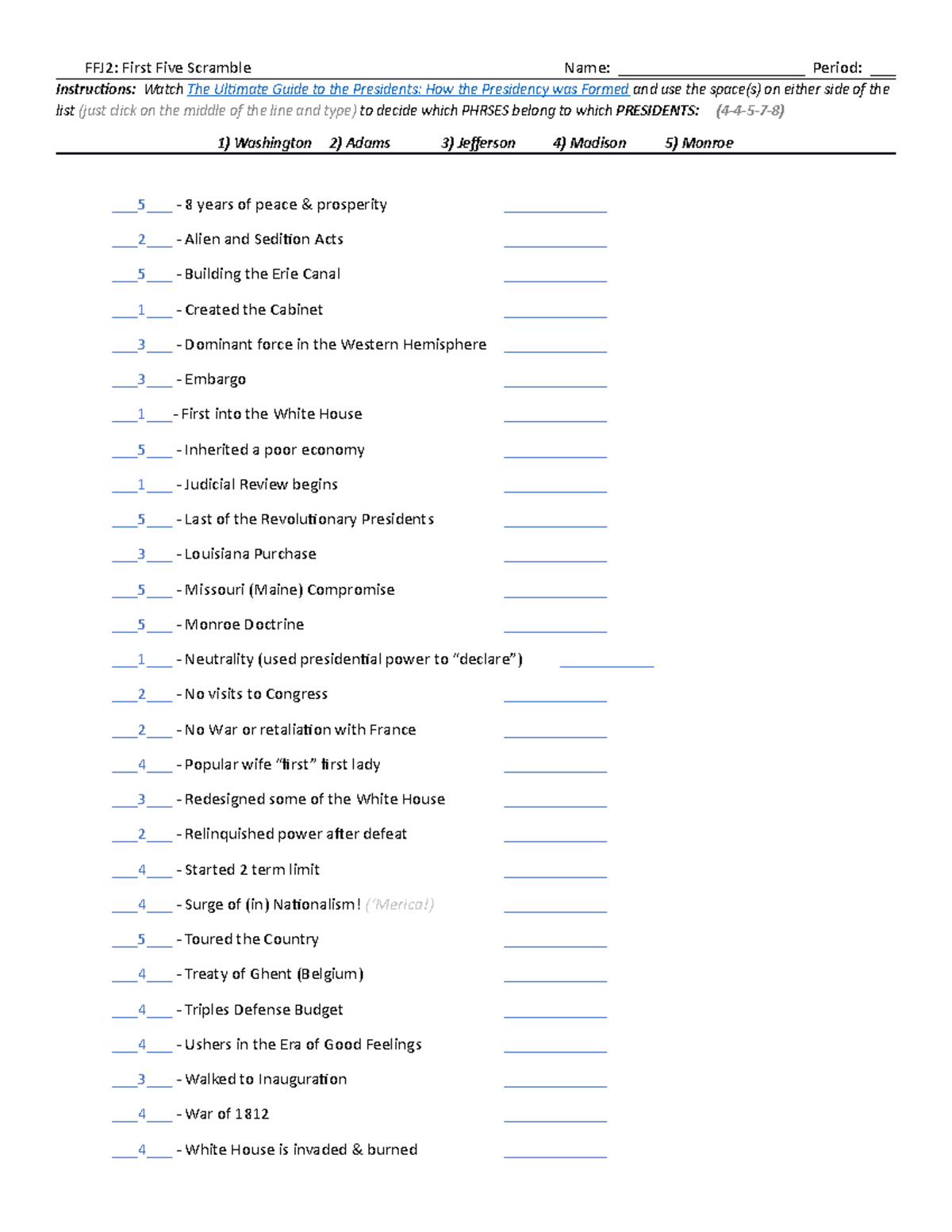 Ssush 6 Territorial Expansion: Guided Questions &amp;amp; Key Concepts in First Five Presidents Worksheet