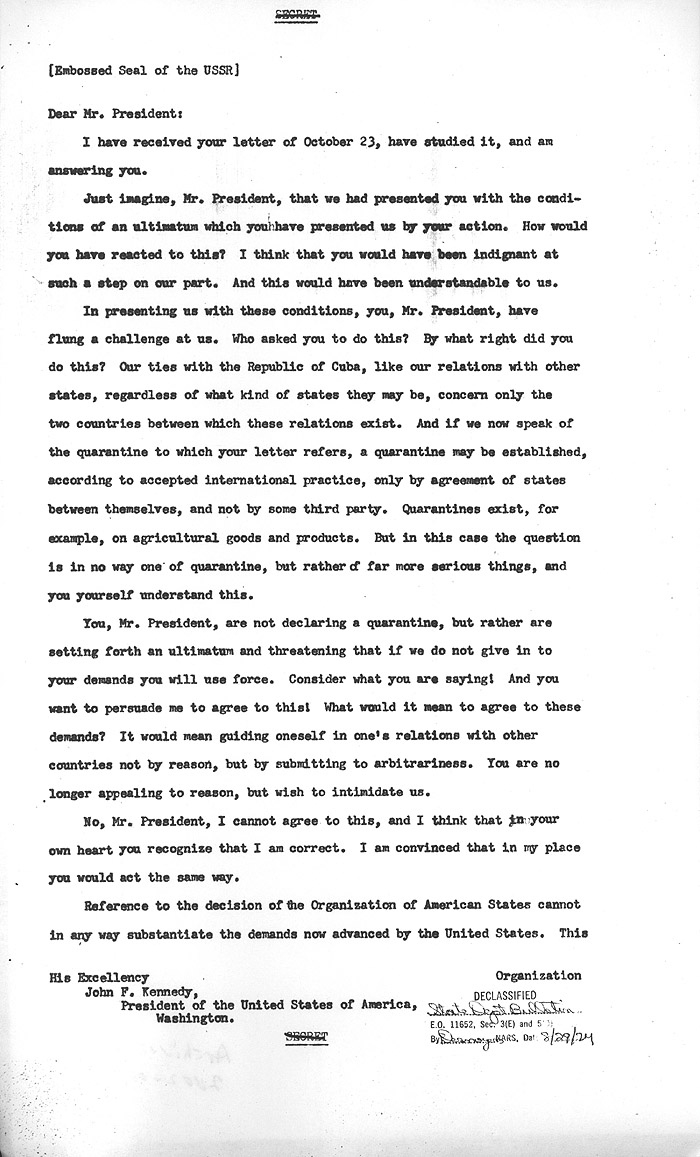 The Cuban Missile Crisis in Letter From Chairman Khrushchev To President Kennedy Worksheet Answers