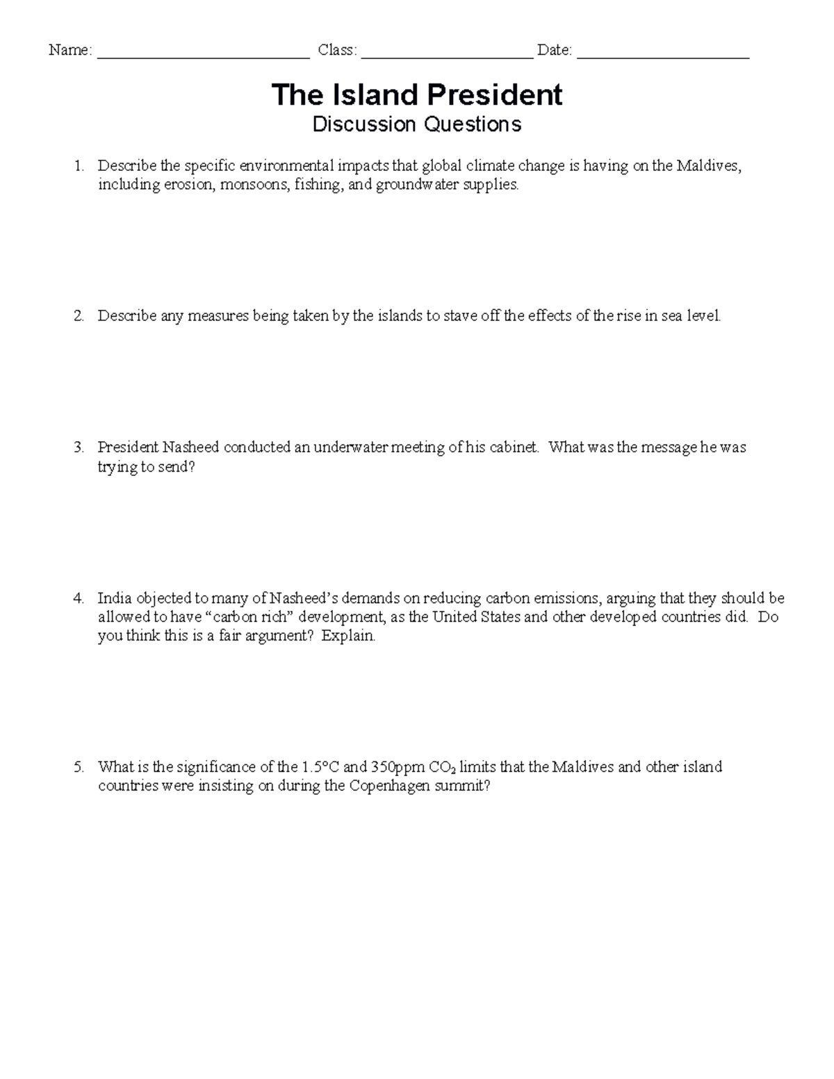 The Island President - Climate Change Discussion Worksheet - Studocu with The Island President Worksheet Answers