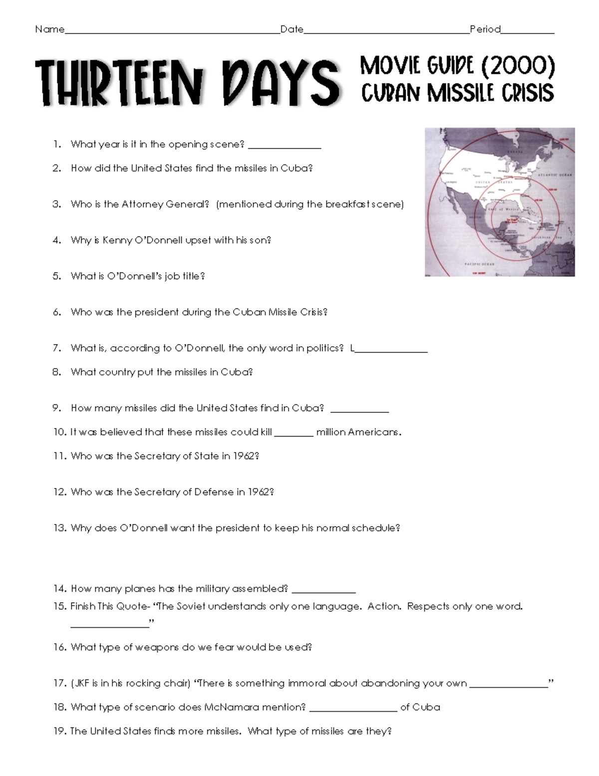 Thirteen Days Movie Guide: Cuban Missile Crisis Study (2000-1 for The American President Movie Guide Worksheet Answers