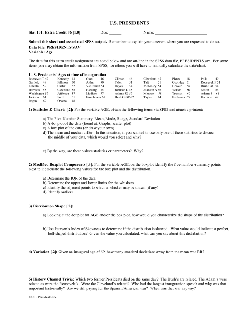 U.s. Presidents&amp;#039; Ages: Stats Extra Credit Assignment within Data of Us Presidents Worksheet
