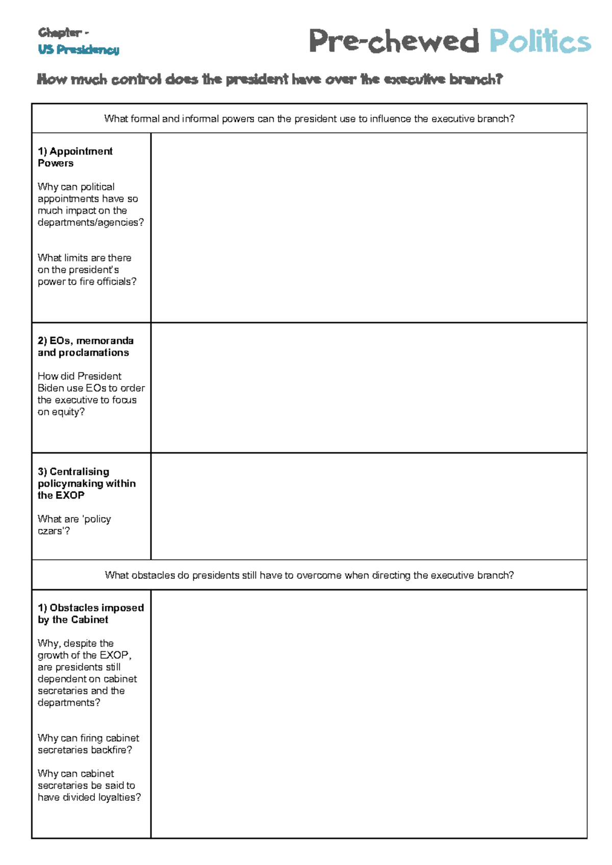 Us Presidency: Executive Control &amp;amp; Influences - Chapter 8 Notes inside Chapter 8 The Presidency Worksheet Answers