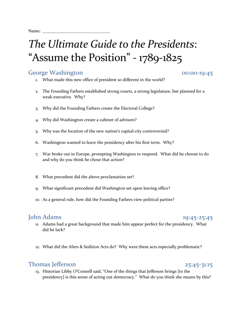 Us Presidents 1789-1825: Study Guide &amp;amp; Worksheet for The Presidency Worksheet Answers