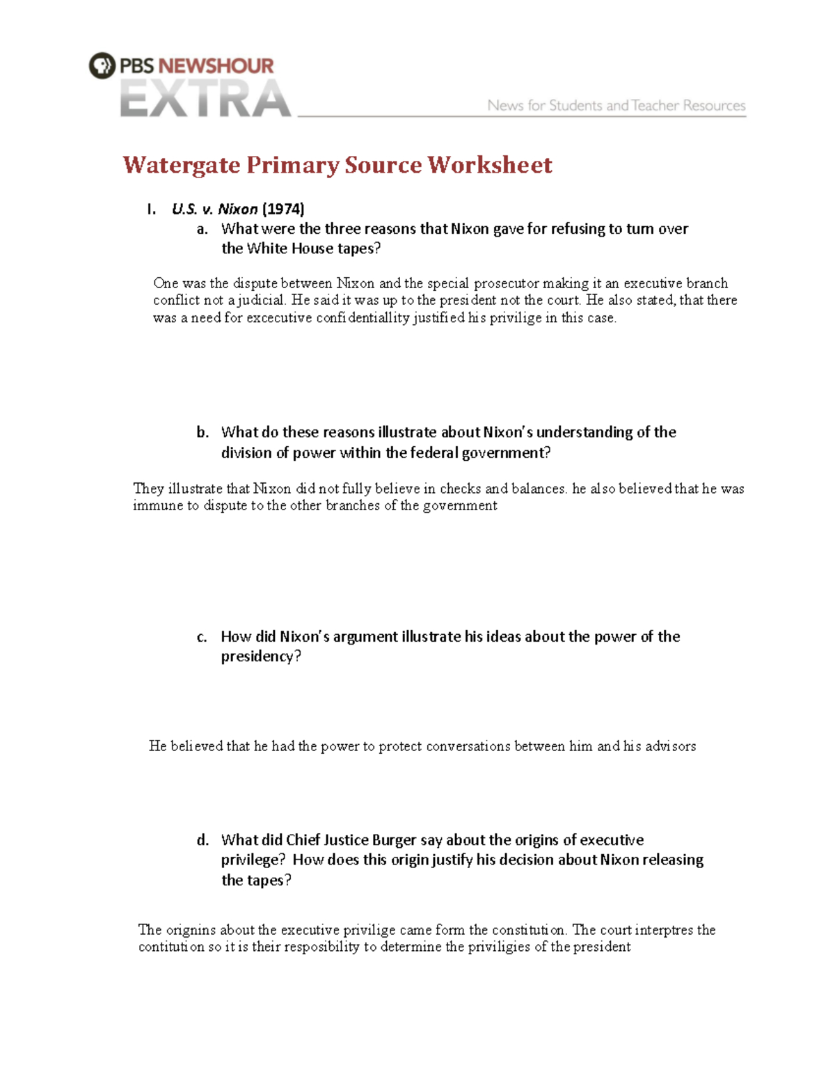 Watergate Primary Source Worksheet: Analyzing U.s. V. Nixon (1974 throughout The Nixon Presidency Worksheet